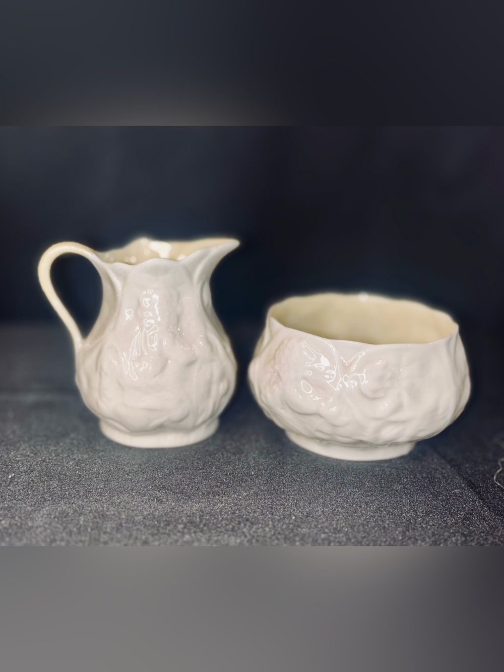 Belleek Porcelain "Lotus" Pattern Creamer and Open Sugar Bowl Set
